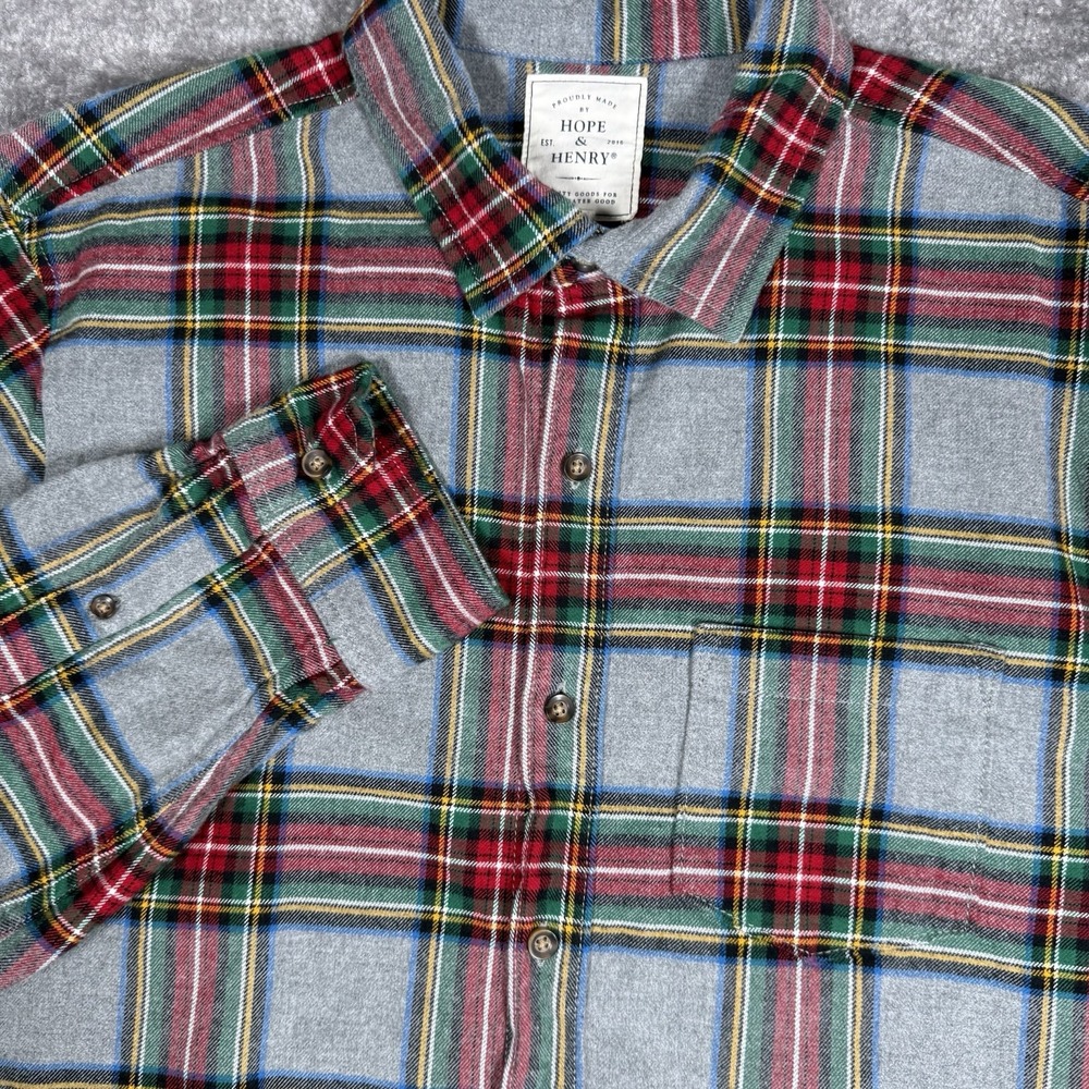 Hope & Henry Shirt Men's Large Gray Flannel Button Up Organic Cotton Long Sleeve